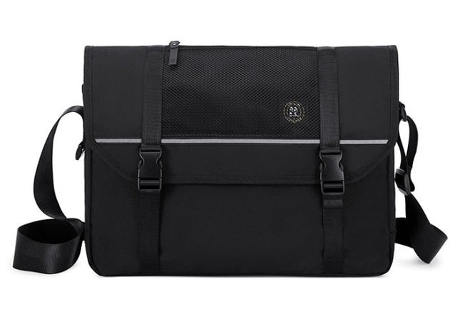 Black messenger bag with a strap on a white background