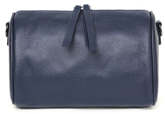 Navy blue genuine leather handbag with a strap on a white background
