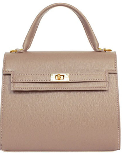 Pink Beige stylish handbag with a gold clasp on a white background. Made in Korea